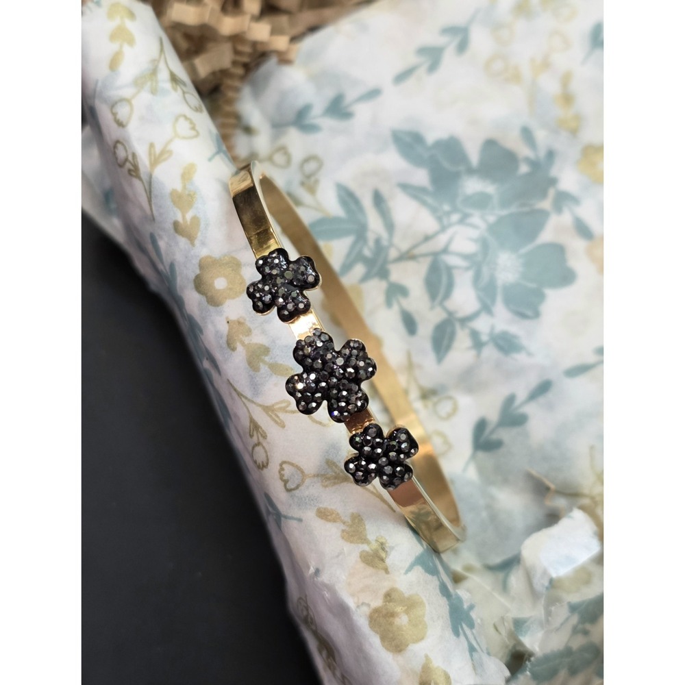 Black Crystal Floral Bangle Bracelet Gold Plated Stainless Steel Size 2.5"